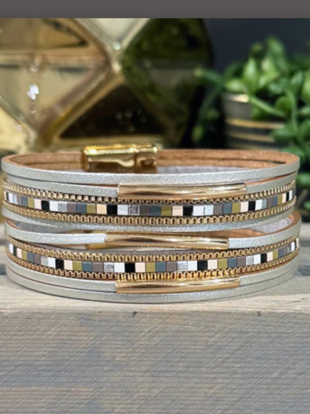 7.5" in length (7" fastened), the Neutral Metallic Leather Wrap Bracelet - Picture 4 of 4